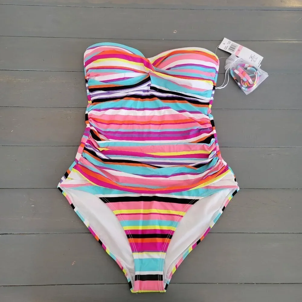 Anne Cole Women Strapless Striped Twist Front Shirred One Piece Swimsuit Size 10